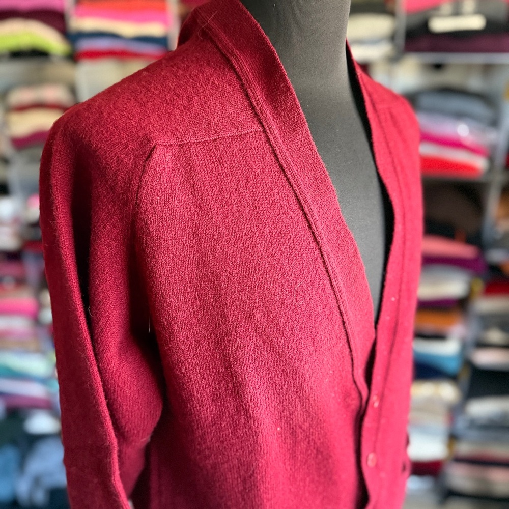 Vintage Red Scottish Lambswool Button-Up Cardigan, Lined Pockets, Bullocks, L